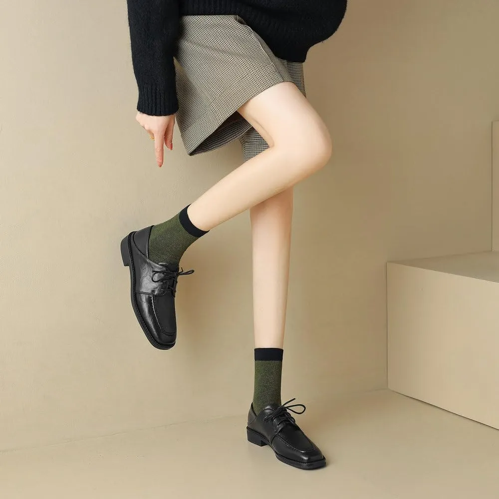Womens Lace Up Oxfords Shoes Black Brown Retro Round Toe Comfy Low Heel Classic Oxford Brogues Vintage Shoes