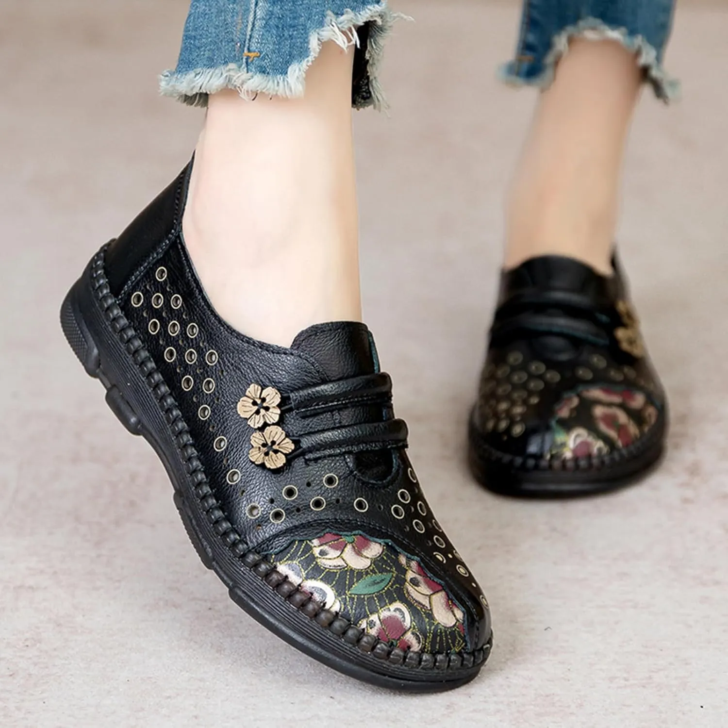 Women's Leather Slip On Casual Dress Shoes,Comfort Vintage Print Frog Button Non-Slip Softsole Oxford Penny Loafers
