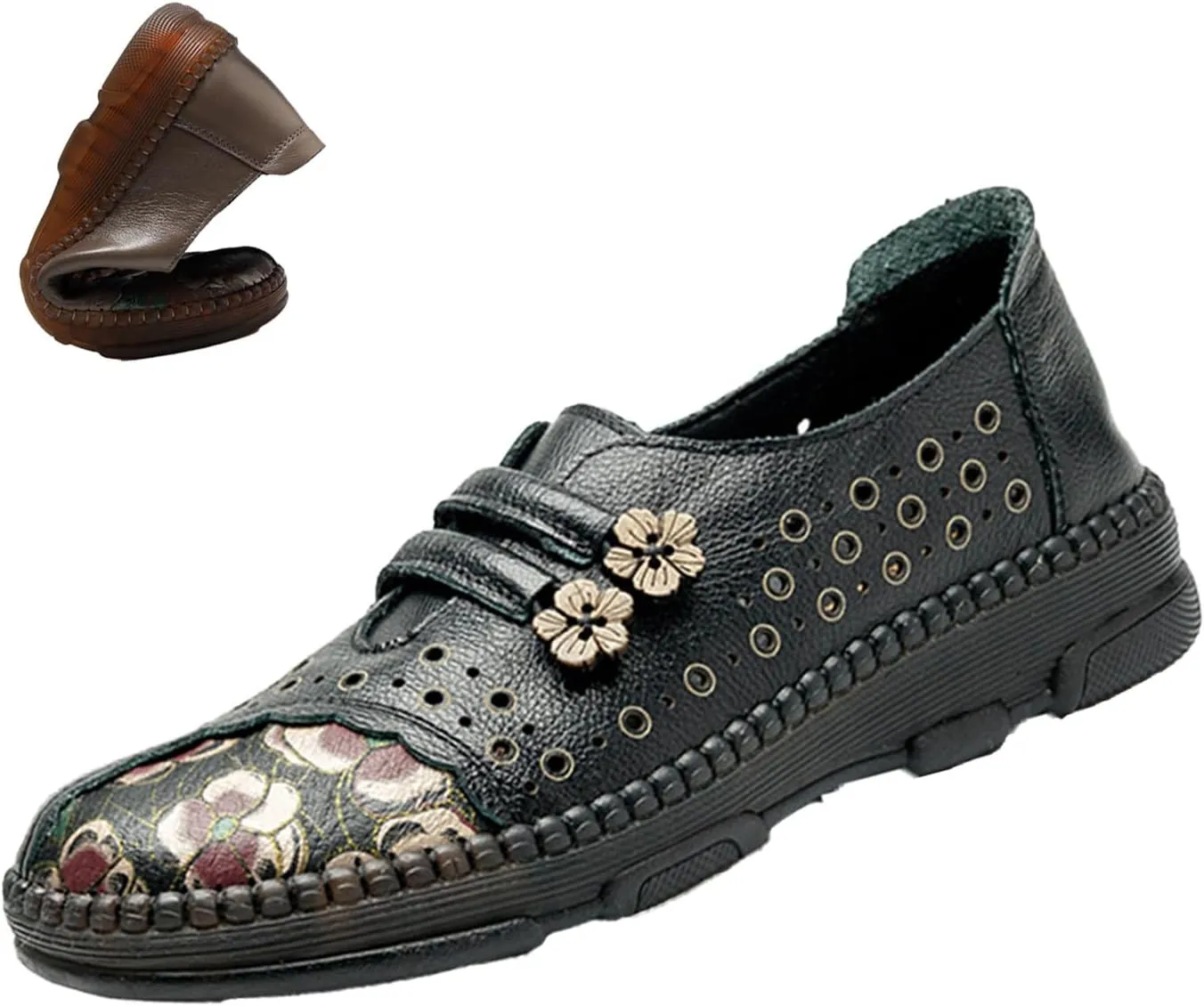 Women's Leather Slip On Casual Dress Shoes,Comfort Vintage Print Frog Button Non-Slip Softsole Oxford Penny Loafers