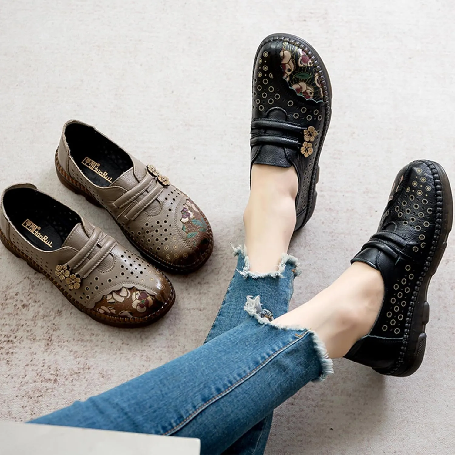 Women's Leather Slip On Casual Dress Shoes,Comfort Vintage Print Frog Button Non-Slip Softsole Oxford Penny Loafers