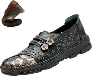 Women's Leather Slip On Casual Dress Shoes,Comfort Vintage Print Frog Button Non-Slip Softsole Oxford Penny Loafers