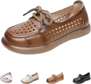 Women's Leather Soft Sole Casual Shoes,Vintage Comfort Round Toe Non-Slip Cute Bow Lace-up Flat Dress Oxford Loafers
