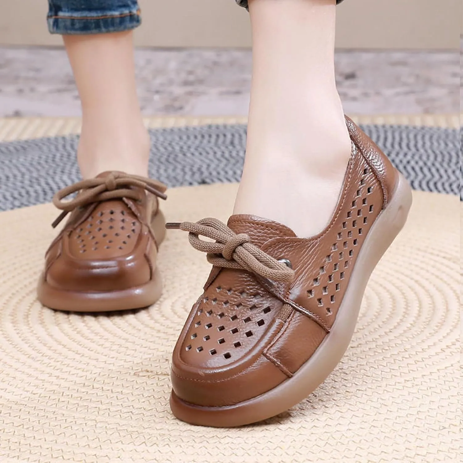 Women's Leather Soft Sole Casual Shoes,Vintage Comfort Round Toe Non-Slip Cute Bow Lace-up Flat Dress Oxford Loafers