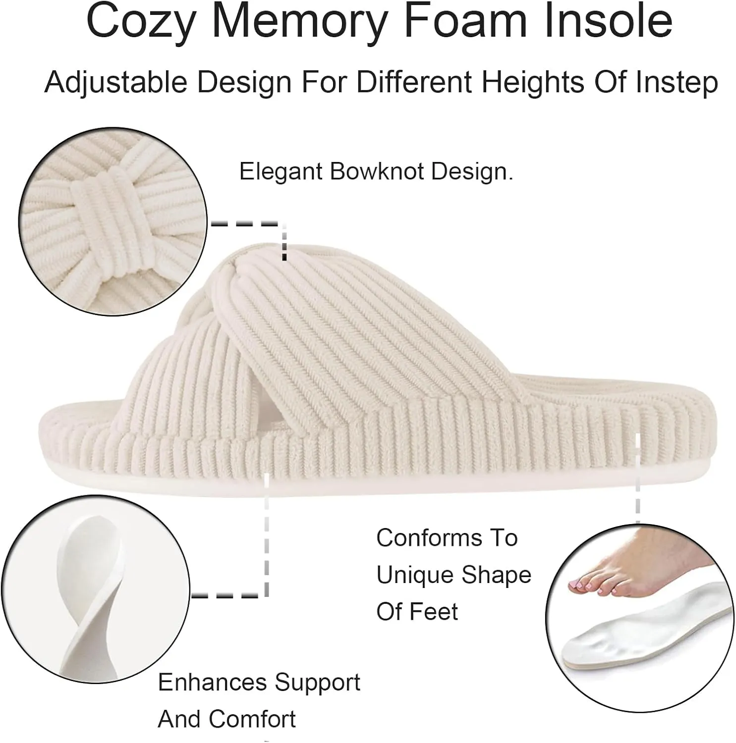 Women's Orthopedic Arch Support Open Toe House Slippers for Plantar Fasciitis Ladies Cozy Memory Foam Bedroom Gift Slippers Fluffy Corduroy Bow Crossband Slide