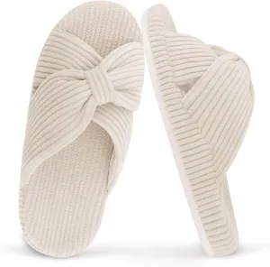 Women's Orthopedic Arch Support Open Toe House Slippers for Plantar Fasciitis Ladies Cozy Memory Foam Bedroom Gift Slippers Fluffy Corduroy Bow Crossband Slide