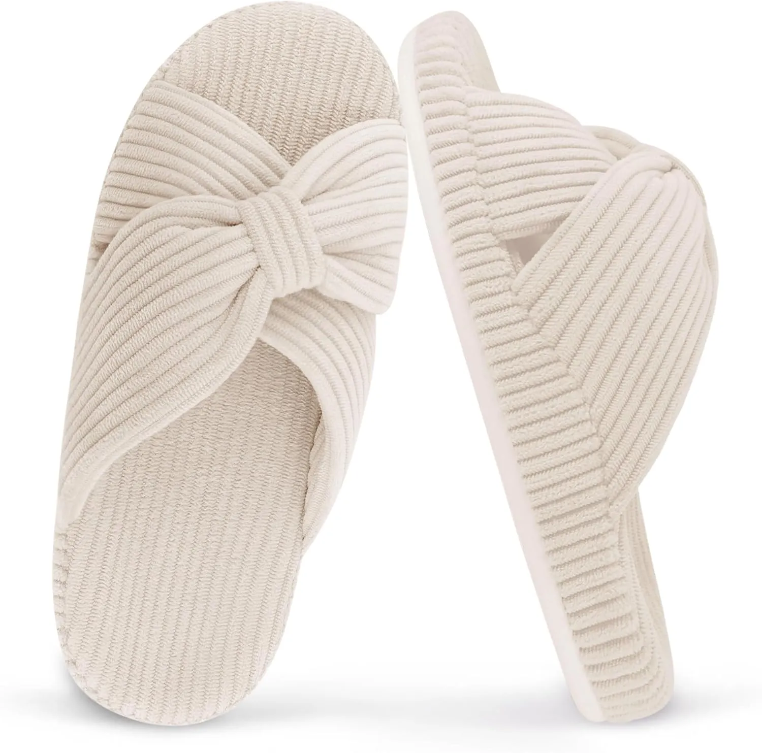 Women's Orthopedic Arch Support Open Toe House Slippers for Plantar Fasciitis Ladies Cozy Memory Foam Bedroom Gift Slippers Fluffy Corduroy Bow Crossband Slide