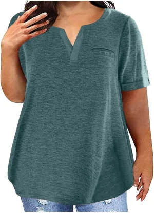 Women's Plus Size Summer Tops Short Sleeve Casual Shirt Vacation Basic Tees Loose Fit V Neck T Shirts Dressy Blouses