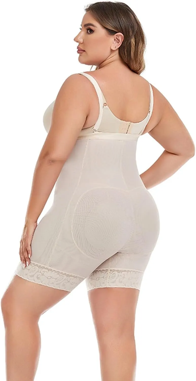 Women's Plus Size Zippered Waist Trainer with Hip Pads - Sculpting Bodysuit for Curvy Figure and Tummy Toning