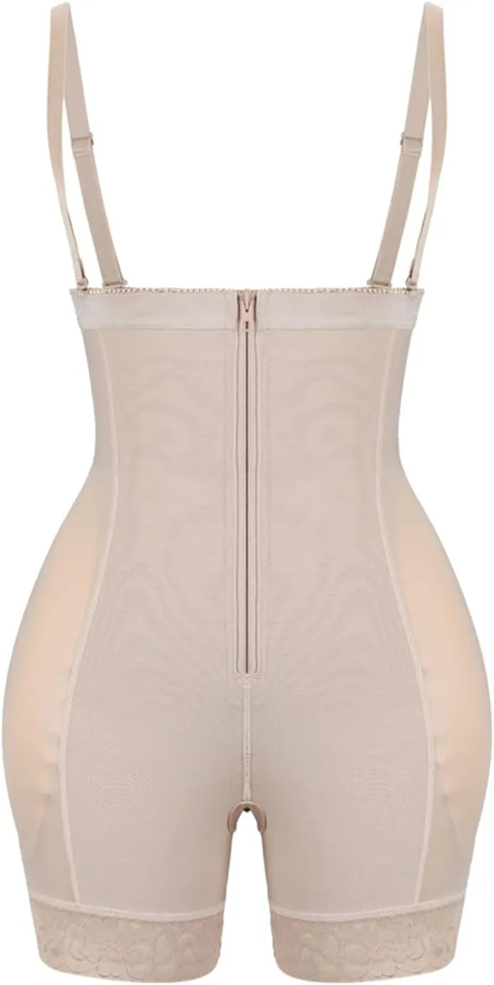 Women's Plus Size Zippered Waist Trainer with Hip Pads - Sculpting Bodysuit for Curvy Figure and Tummy Toning