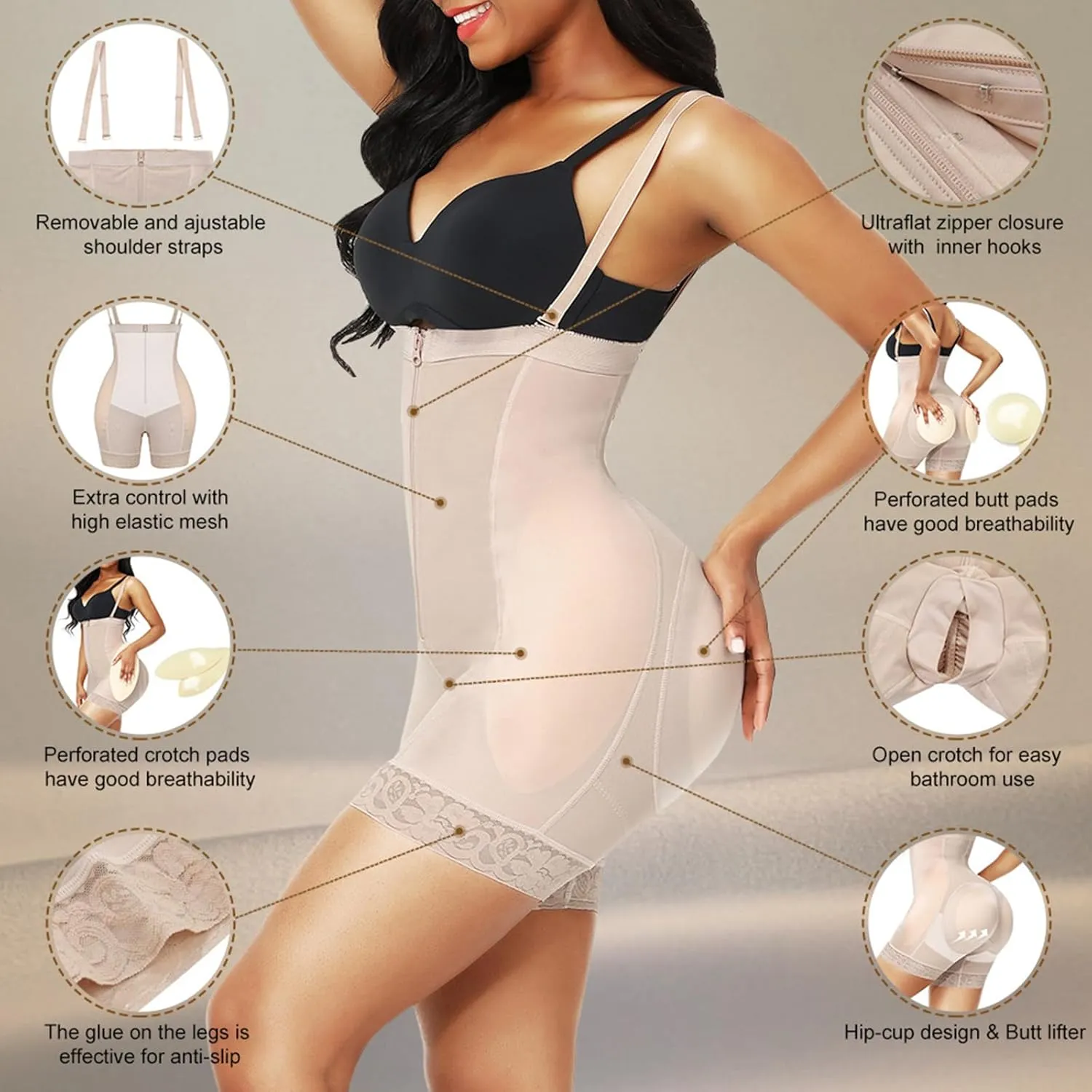 Women's Plus Size Zippered Waist Trainer with Hip Pads - Sculpting Bodysuit for Curvy Figure and Tummy Toning