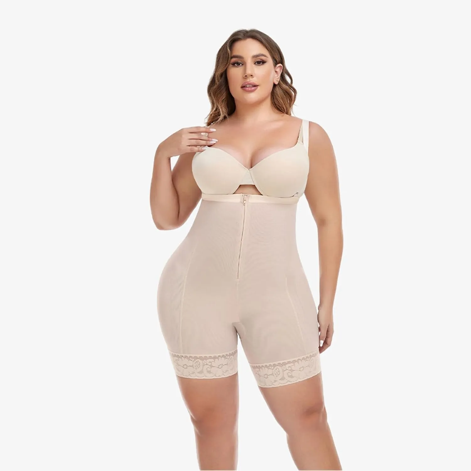 Women's Plus Size Zippered Waist Trainer with Hip Pads - Sculpting Bodysuit for Curvy Figure and Tummy Toning
