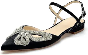Women's Slingback Flats Rhinestones Bow Flat Pumps for Women Pointed Toe Comfort Flat Wedding Dress Shoes Sandals