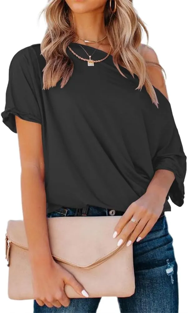 Womens Summer Off The Shoulder Shirts Casual Sexy Short Sleeve Tops Trendy Casual Loose Oversized Blouses Tshirt Tunic