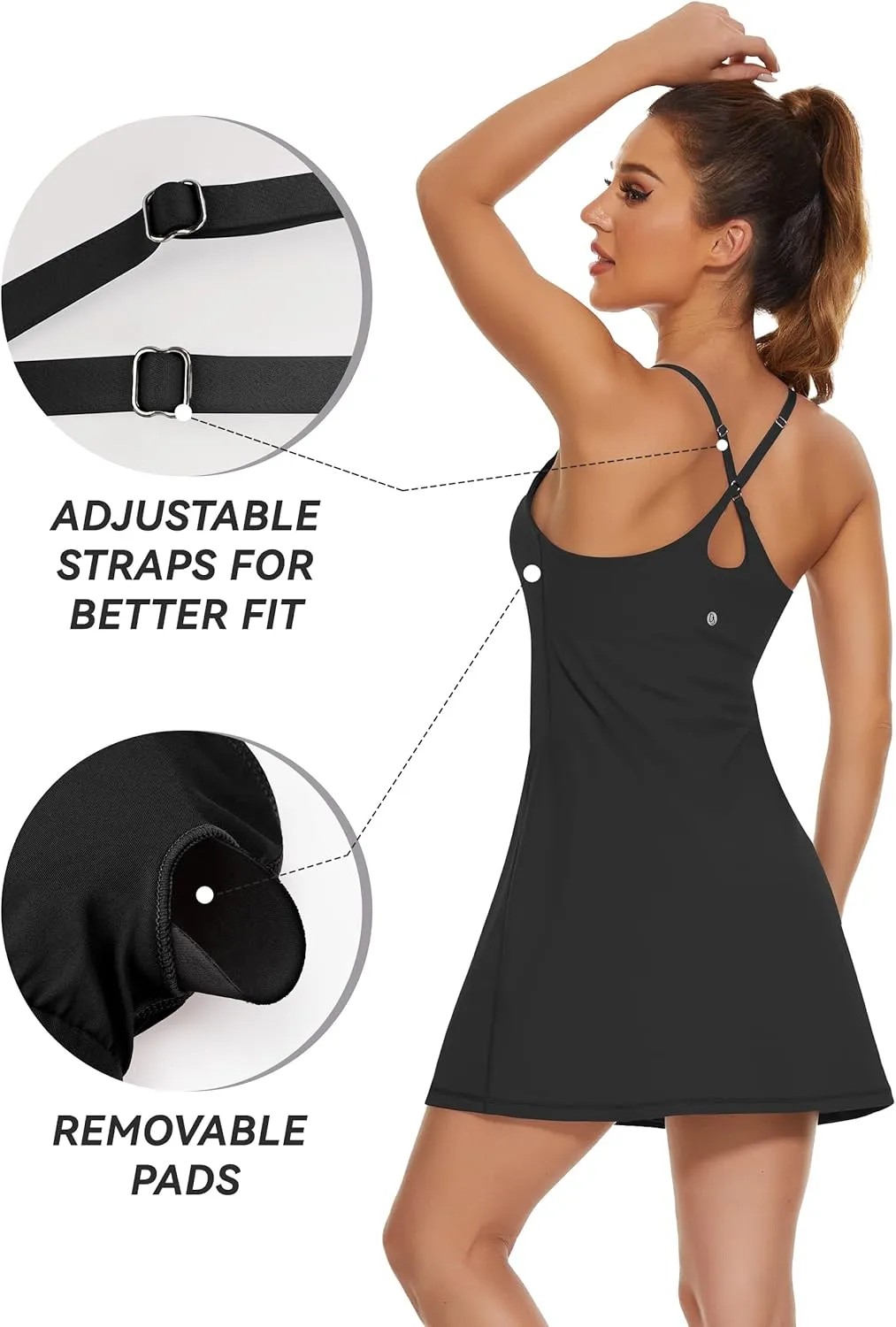 Womens Tennis Dress, 2-in-1 Golf Workout Dress with Built-in Bra & Shorts Pockets, Athletic Dresses with Adjustable Strap