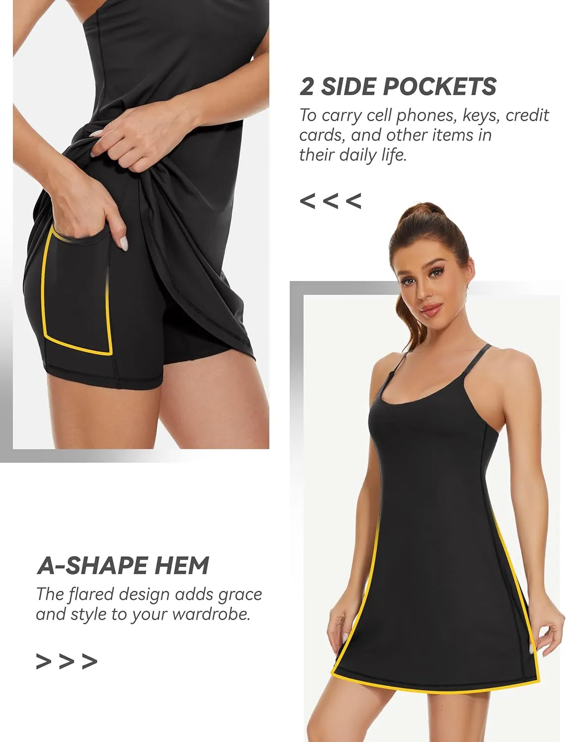Womens Tennis Dress, 2-in-1 Golf Workout Dress with Built-in Bra & Shorts Pockets, Athletic Dresses with Adjustable Strap