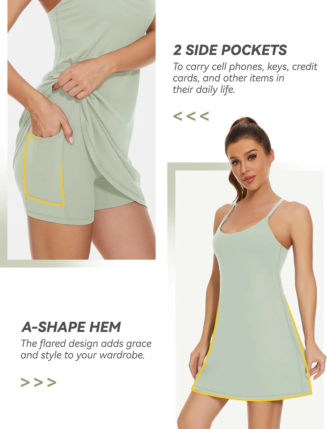 Womens Tennis Dress, 2-in-1 Golf Workout Dress with Built-in Bra & Shorts Pockets, Athletic Dresses with Adjustable Strap