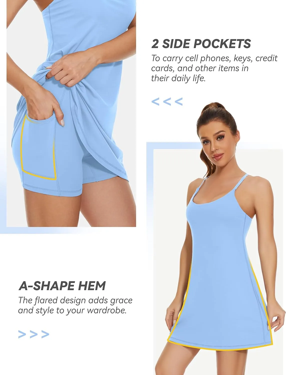 Womens Tennis Dress, 2-in-1 Golf Workout Dress with Built-in Bra & Shorts Pockets, Athletic Dresses with Adjustable Strap