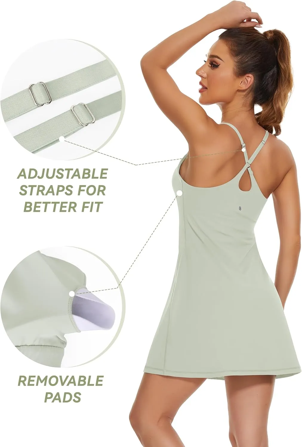 Womens Tennis Dress, 2-in-1 Golf Workout Dress with Built-in Bra & Shorts Pockets, Athletic Dresses with Adjustable Strap