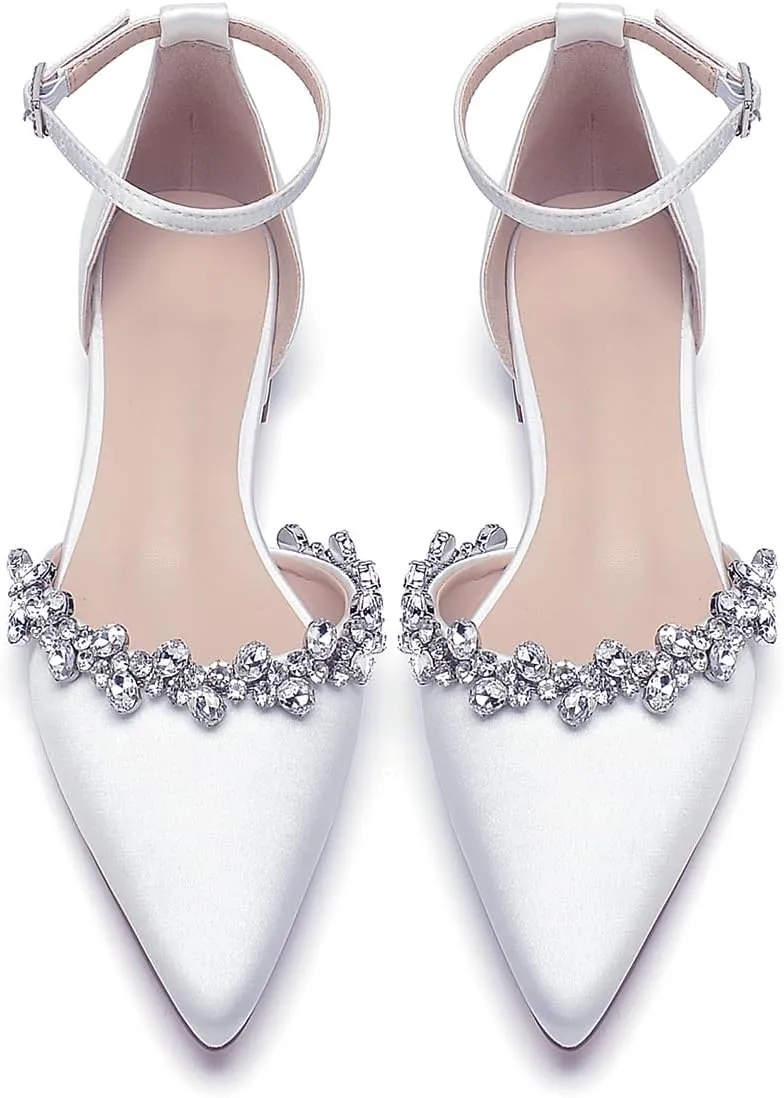 Women's Wedding Flats Crystal Satin Flat Wedding Shoes for Bride Closed Toe Pumps Shoes