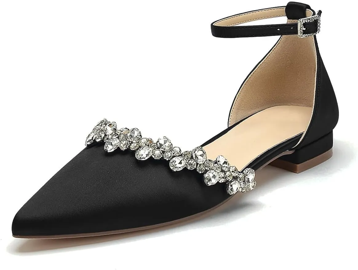 Women's Wedding Flats Crystal Satin Flat Wedding Shoes for Bride Closed Toe Pumps Shoes