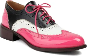 Women's Wingtips Lace Up Chunky Low Heels Oxfords Colorful Brogue Pumps Closed Toe Vintage Perforated Derby Dress Leather Shoes