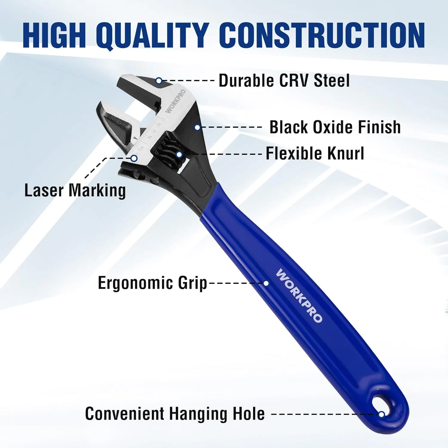WORKPRO 4-piece Adjustable Wrench Set, 6-Inch & 8-Inch & 10-Inch & 12-Inch Wrenches, Wide Jaw Black Oxide Wrench, Metric & SAE Scales, Cr-V Steel, for Home, Garage, Workshop