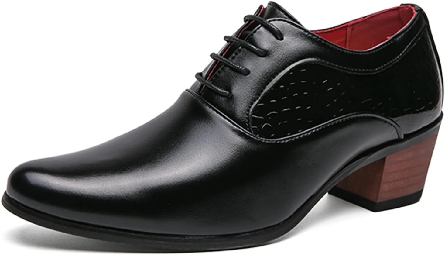 WVBVLO Men's Leather Block Heels Oxford Shoes Pointed Toe Lace up Comfort Breathable Chunky Heels Dress Shoes for Business Work Dating