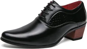 WVBVLO Men's Leather Block Heels Oxford Shoes Pointed Toe Lace up Comfort Breathable Chunky Heels Dress Shoes for Business Work Dating