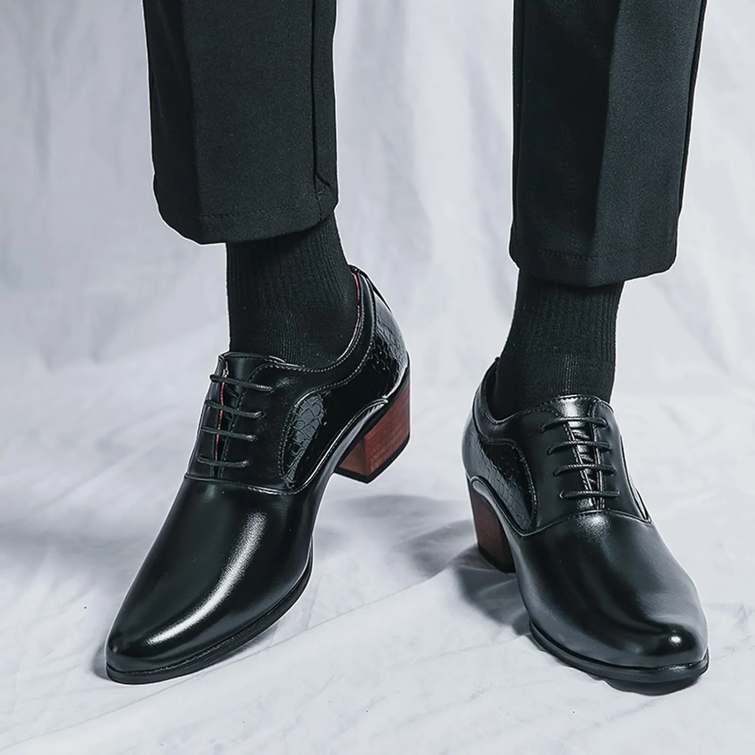 WVBVLO Men's Leather Block Heels Oxford Shoes Pointed Toe Lace up Comfort Breathable Chunky Heels Dress Shoes for Business Work Dating