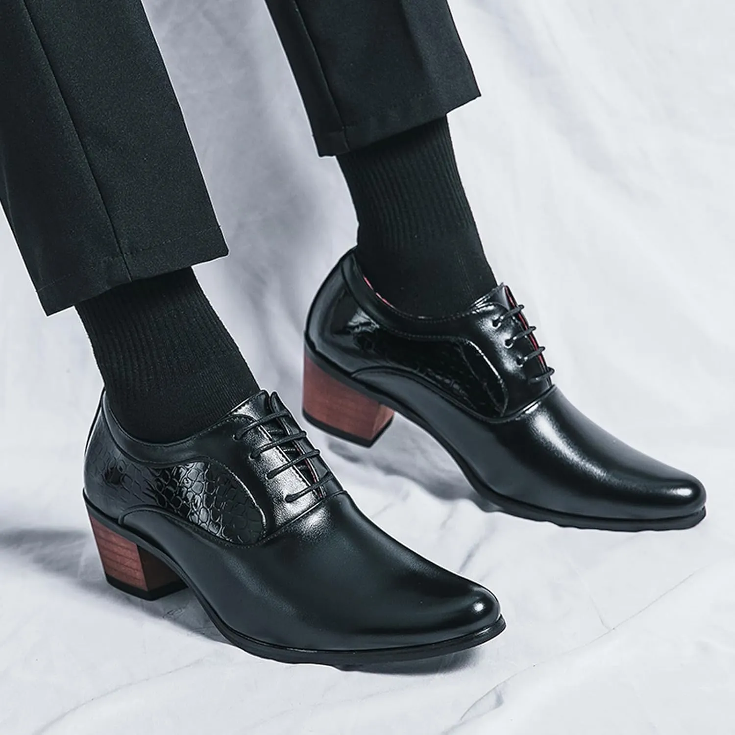 WVBVLO Men's Leather Block Heels Oxford Shoes Pointed Toe Lace up Comfort Breathable Chunky Heels Dress Shoes for Business Work Dating