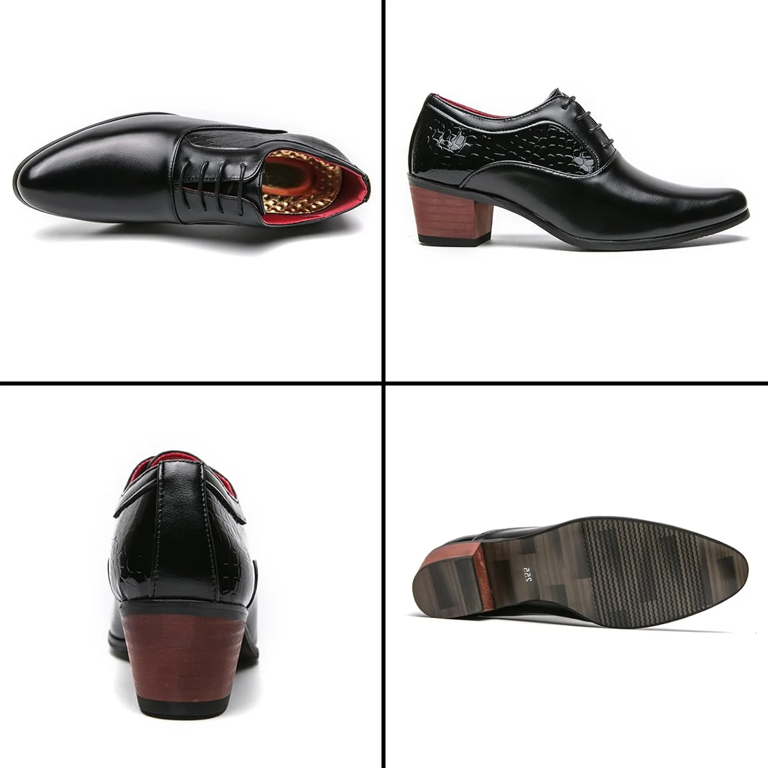 WVBVLO Men's Leather Block Heels Oxford Shoes Pointed Toe Lace up Comfort Breathable Chunky Heels Dress Shoes for Business Work Dating
