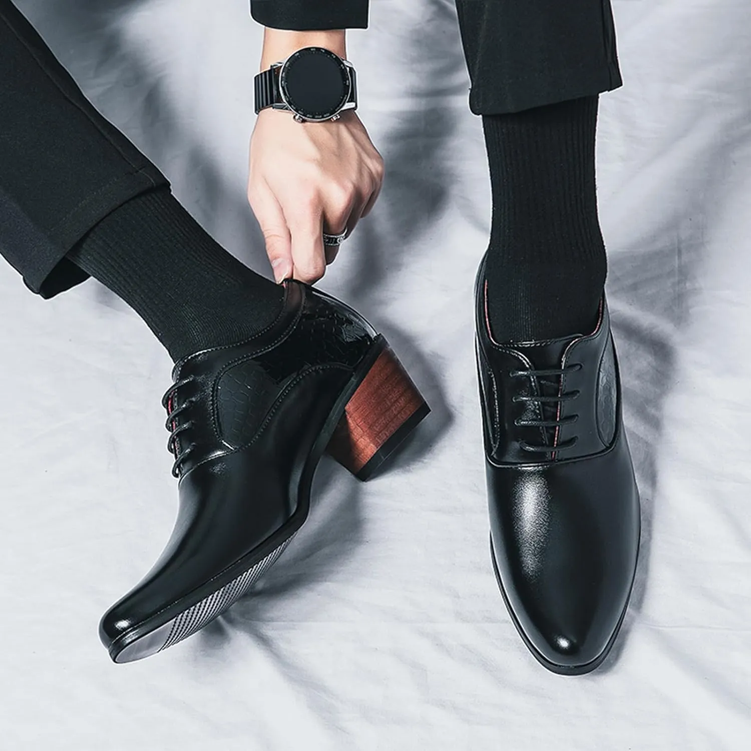 WVBVLO Men's Leather Block Heels Oxford Shoes Pointed Toe Lace up Comfort Breathable Chunky Heels Dress Shoes for Business Work Dating