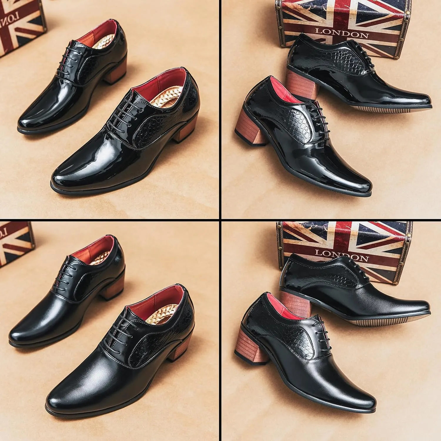 WVBVLO Men's Leather Block Heels Oxford Shoes Pointed Toe Lace up Comfort Breathable Chunky Heels Dress Shoes for Business Work Dating