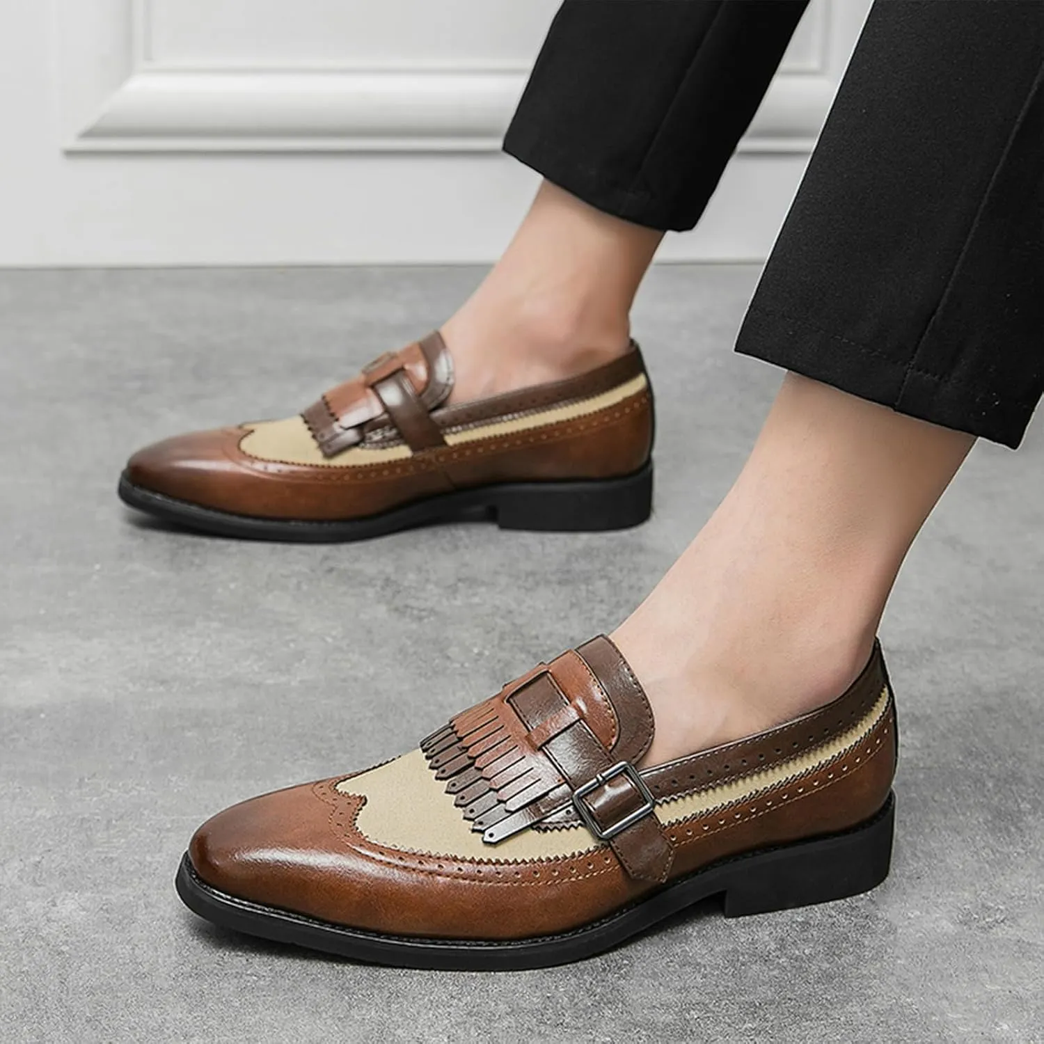 XENTORD Men's Leather Monk Strap Dress Loafers Wingtip Brogue Design with Tassel Detail Comfortable Slip-On Business Casual Shoes for Office Tuxedo Formal Events