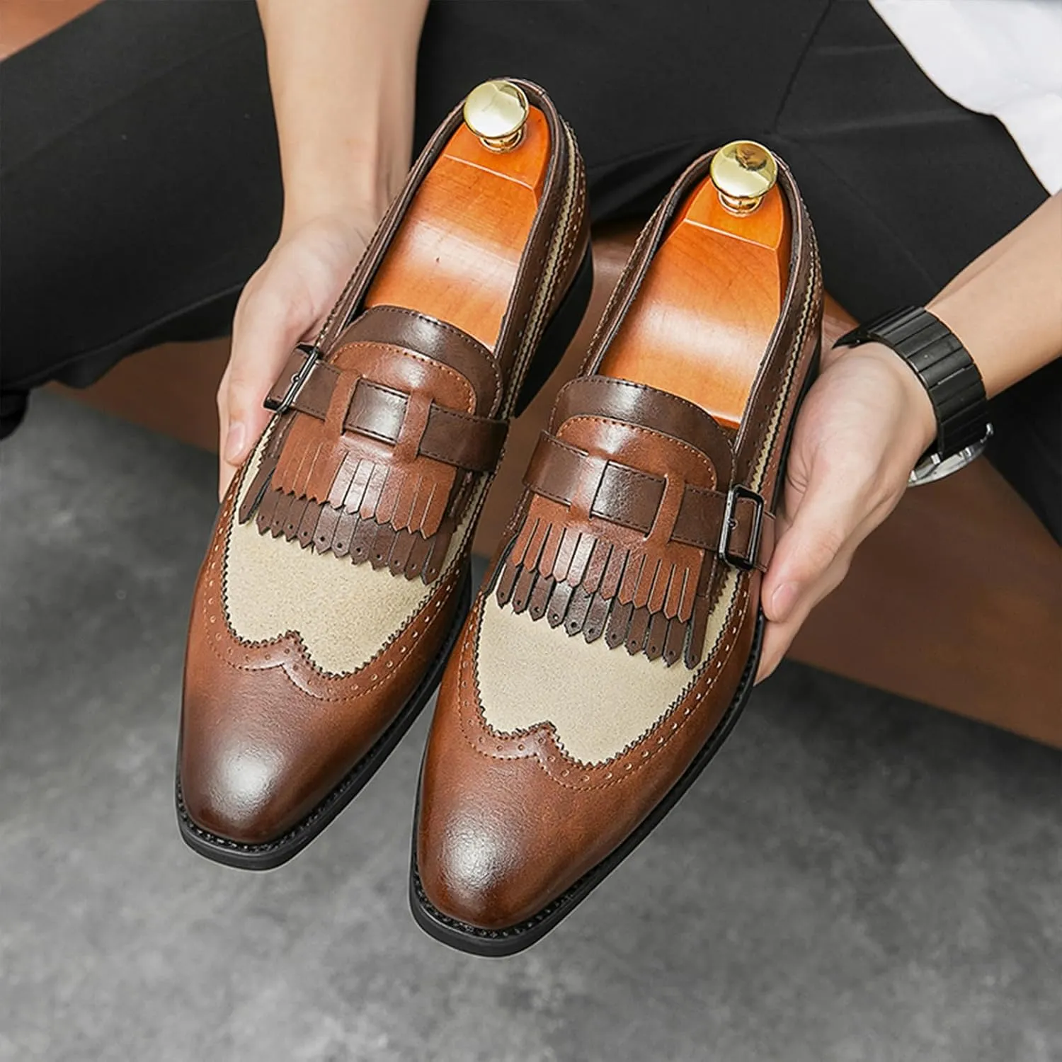XENTORD Men's Leather Monk Strap Dress Loafers Wingtip Brogue Design with Tassel Detail Comfortable Slip-On Business Casual Shoes for Office Tuxedo Formal Events