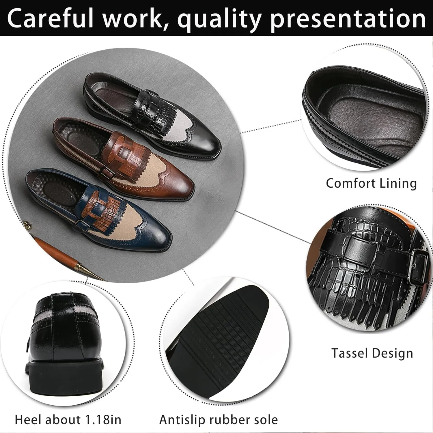 XENTORD Men's Leather Monk Strap Dress Loafers Wingtip Brogue Design with Tassel Detail Comfortable Slip-On Business Casual Shoes for Office Tuxedo Formal Events