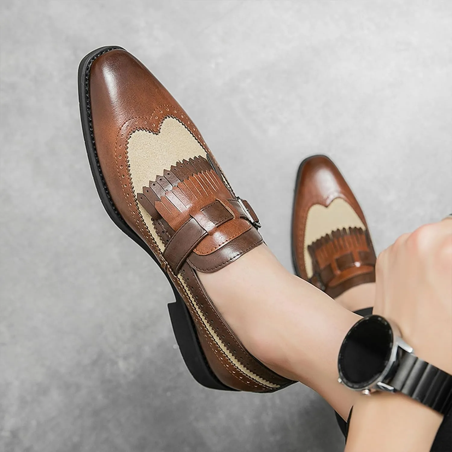 XENTORD Men's Leather Monk Strap Dress Loafers Wingtip Brogue Design with Tassel Detail Comfortable Slip-On Business Casual Shoes for Office Tuxedo Formal Events
