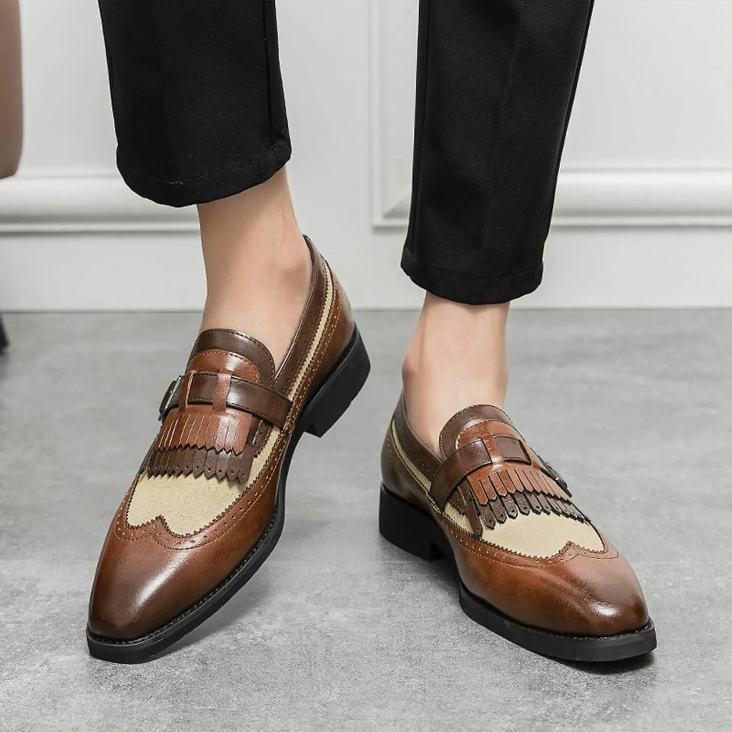 XENTORD Men's Leather Monk Strap Dress Loafers Wingtip Brogue Design with Tassel Detail Comfortable Slip-On Business Casual Shoes for Office Tuxedo Formal Events