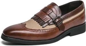 XENTORD Men's Leather Monk Strap Dress Loafers Wingtip Brogue Design with Tassel Detail Comfortable Slip-On Business Casual Shoes for Office Tuxedo Formal Events