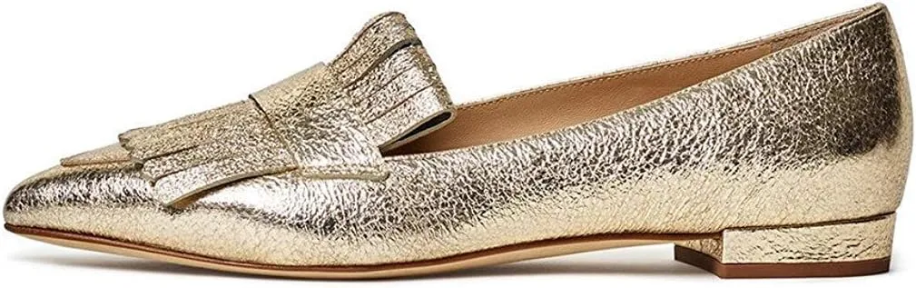 XYD Women Vintage Fringe Dress Flats Pointy Closed Toe Slip Ons Driver Loafers Chunky Low Heel Casual Shoes