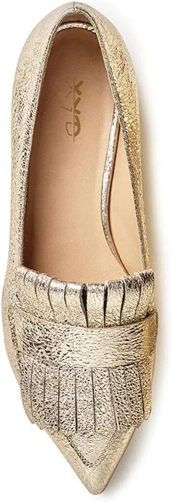 XYD Women Vintage Fringe Dress Flats Pointy Closed Toe Slip Ons Driver Loafers Chunky Low Heel Casual Shoes