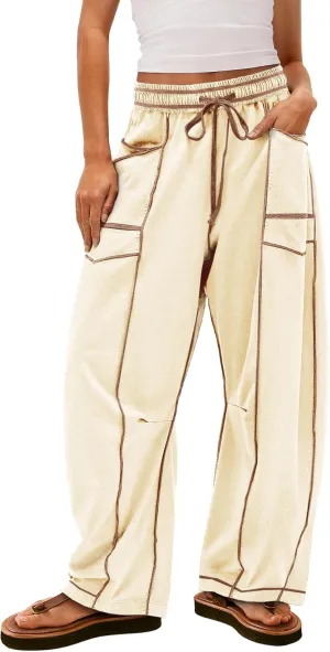 Yanekop Womens Baggy Wide Leg Pants Casual Summer Palazzo Pants Drawstring Waist Lounge Pants with Pockets