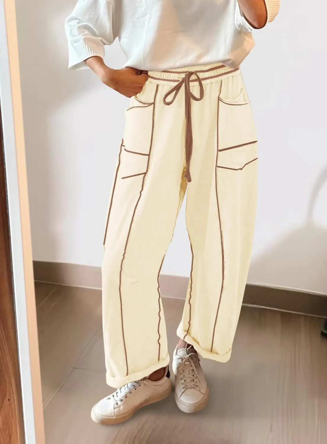 Yanekop Womens Baggy Wide Leg Pants Casual Summer Palazzo Pants Drawstring Waist Lounge Pants with Pockets