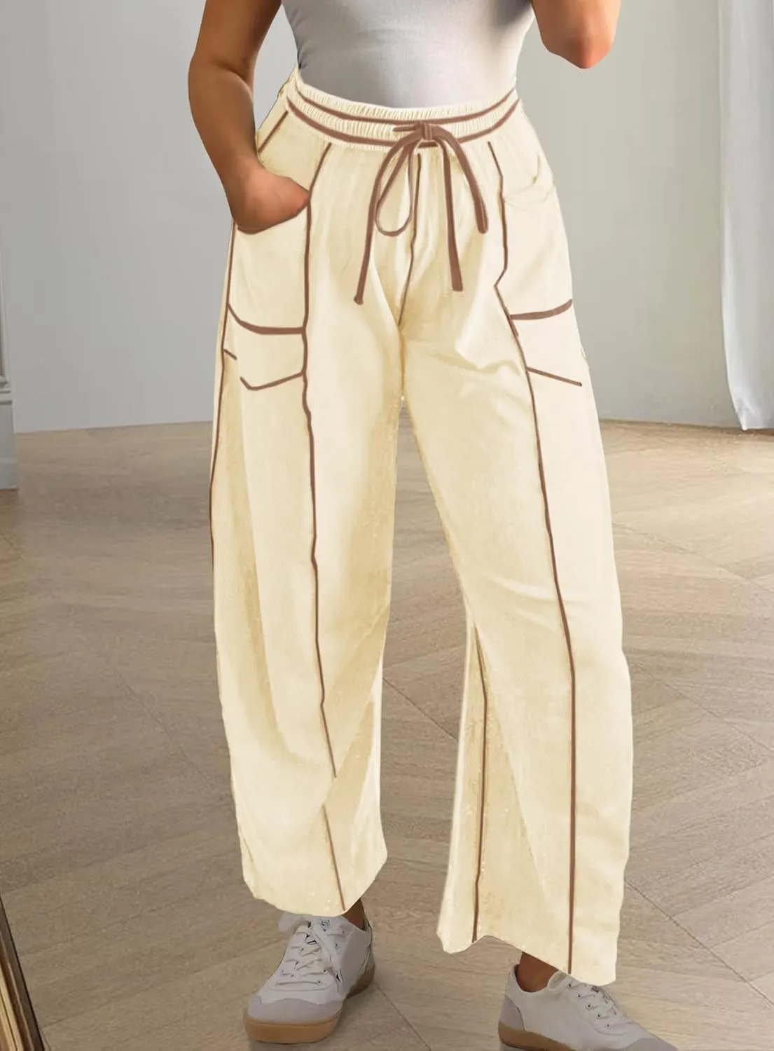 Yanekop Womens Baggy Wide Leg Pants Casual Summer Palazzo Pants Drawstring Waist Lounge Pants with Pockets