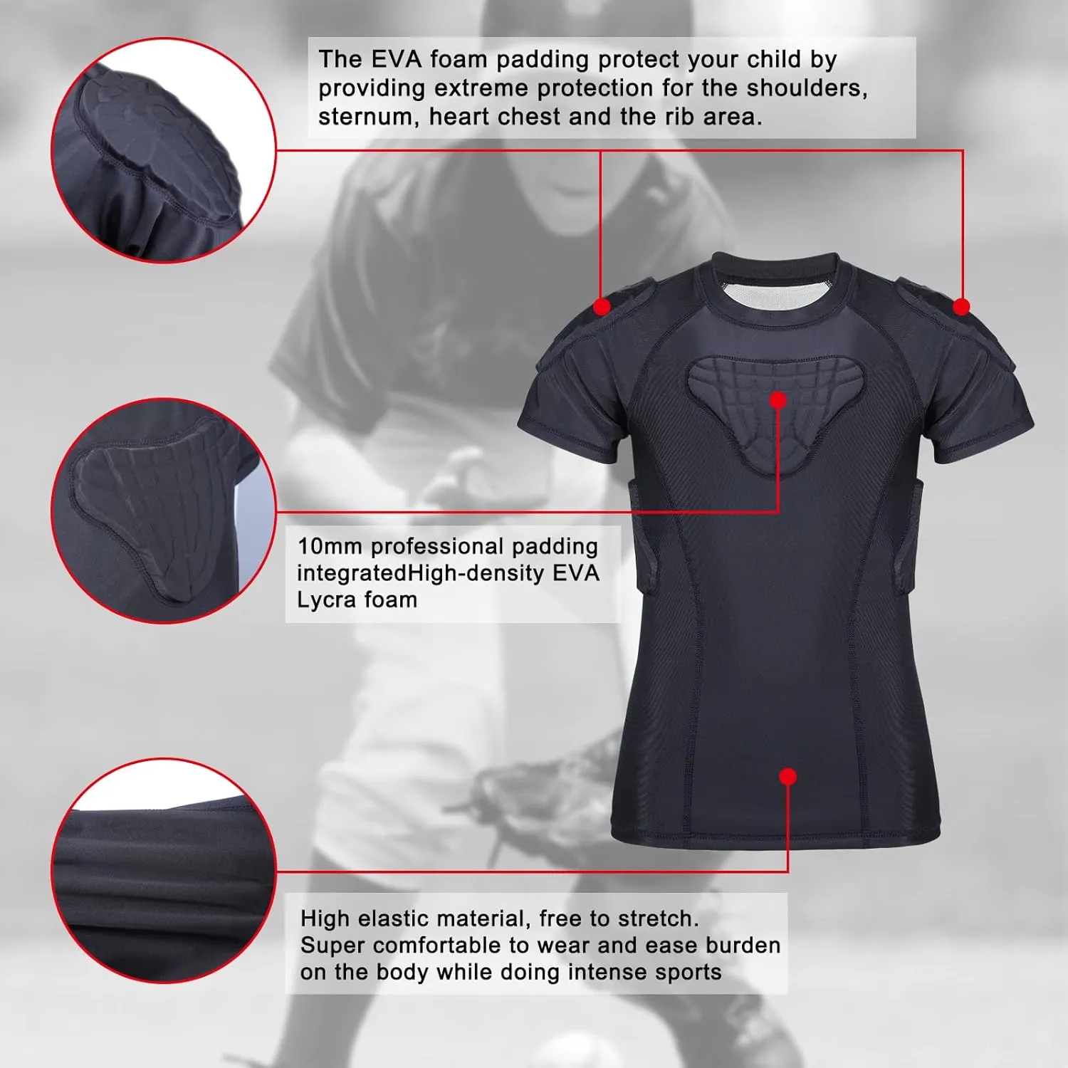 Youth Kids Padded Football Rib Protector, Boys Girls Rib Chest Guard Shirt for Rugby Baseball Soccer Basketball