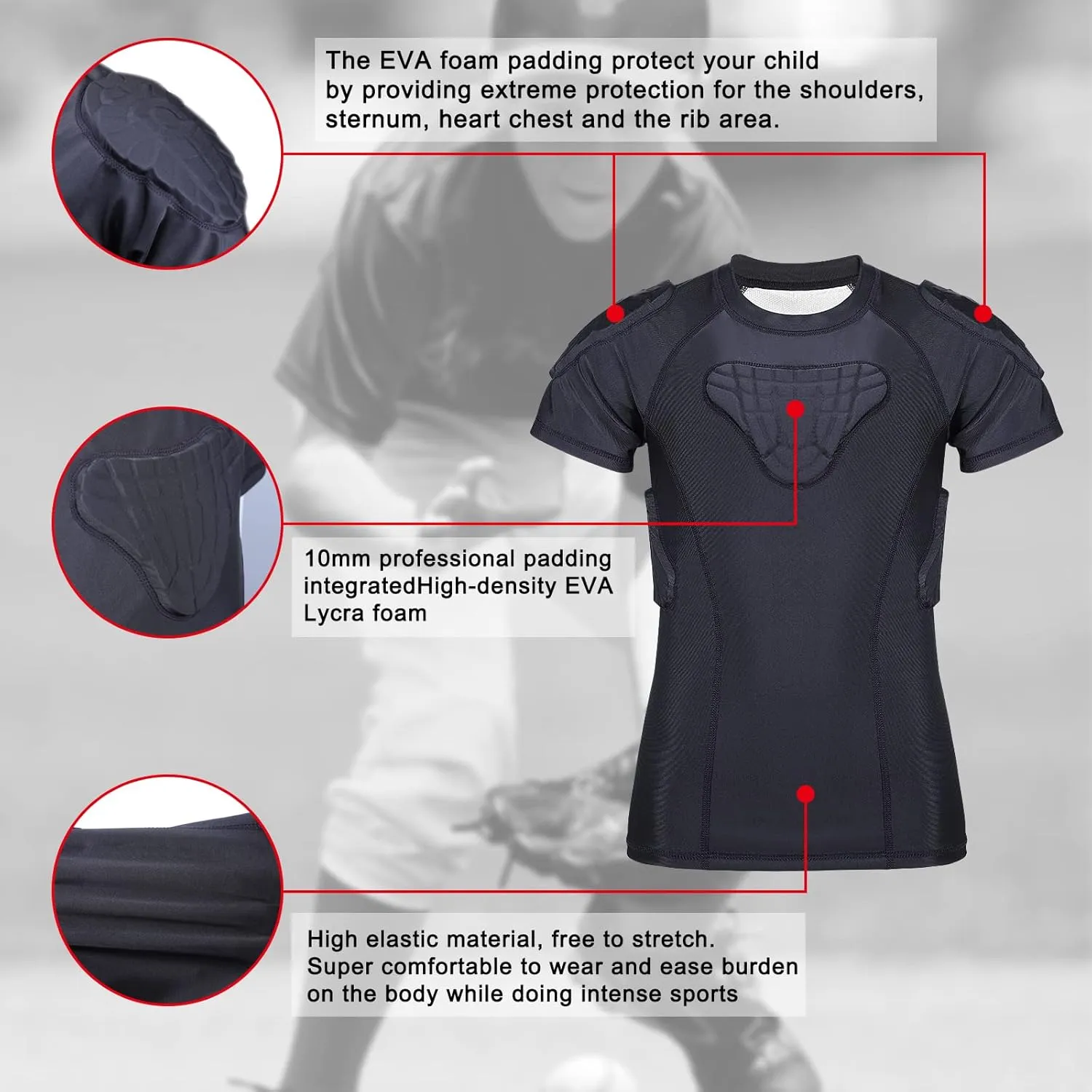 Youth Kids Padded Football Rib Protector, Boys Girls Rib Chest Guard Shirt for Rugby Baseball Soccer Basketball