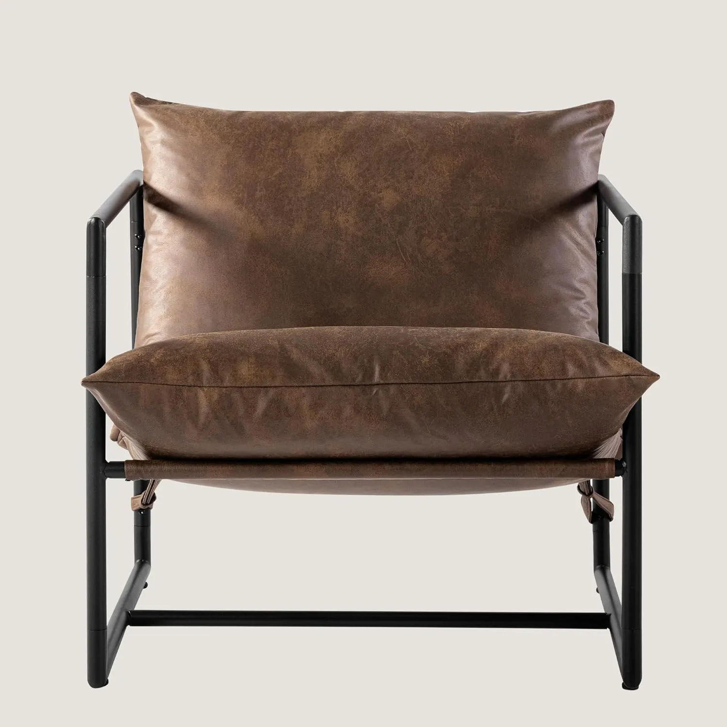 ZINUS Aidan Faux Leather Sling Accent Chair, Metal Framed Armchair with Shredded Foam Cushioning, Cocoa Brown