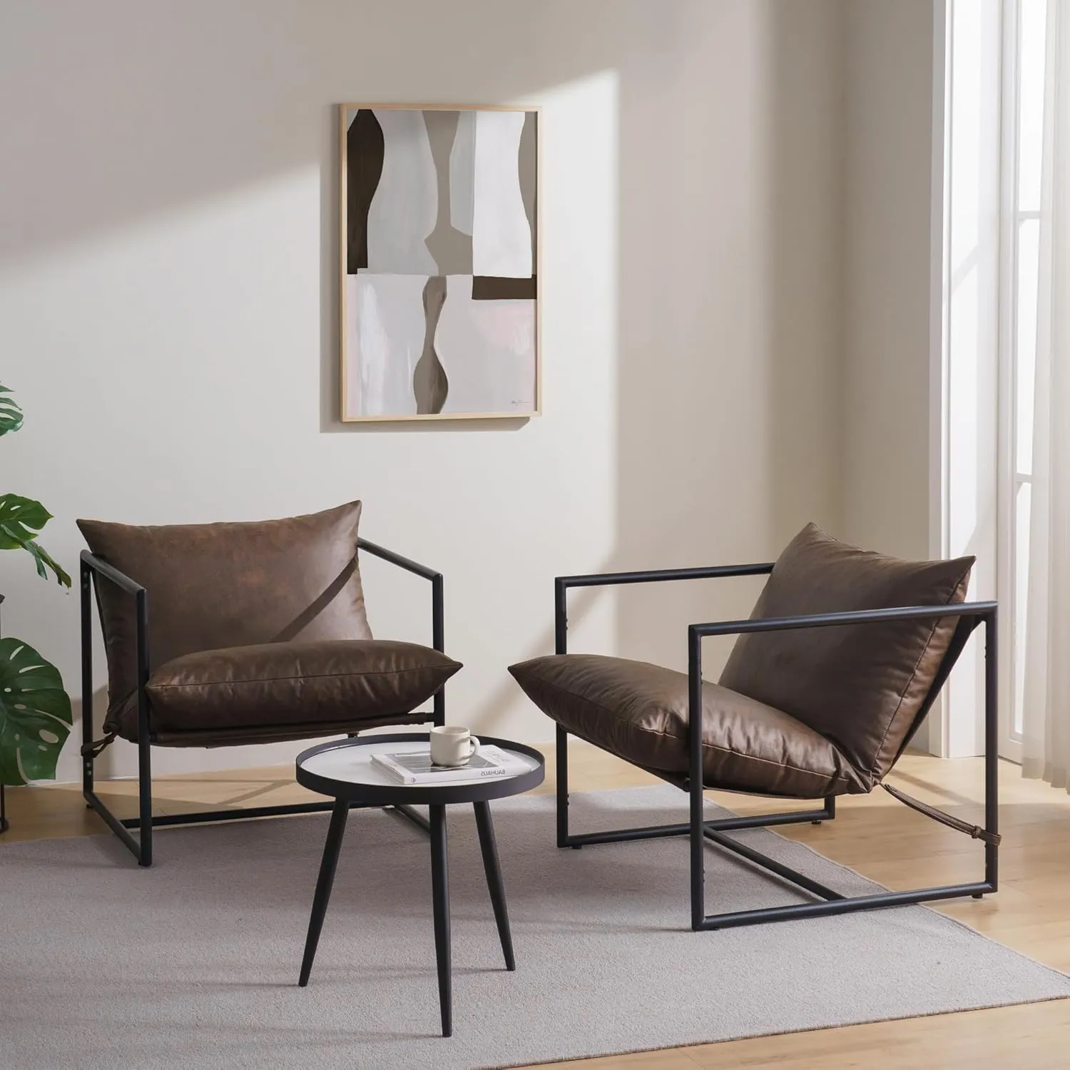 ZINUS Aidan Faux Leather Sling Accent Chair, Metal Framed Armchair with Shredded Foam Cushioning, Cocoa Brown