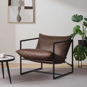 ZINUS Aidan Faux Leather Sling Accent Chair, Metal Framed Armchair with Shredded Foam Cushioning, Cocoa Brown
