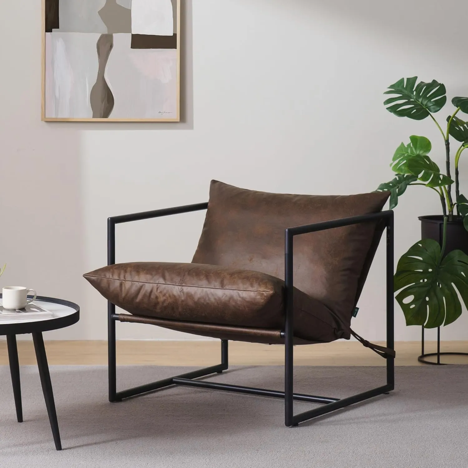ZINUS Aidan Faux Leather Sling Accent Chair, Metal Framed Armchair with Shredded Foam Cushioning, Cocoa Brown